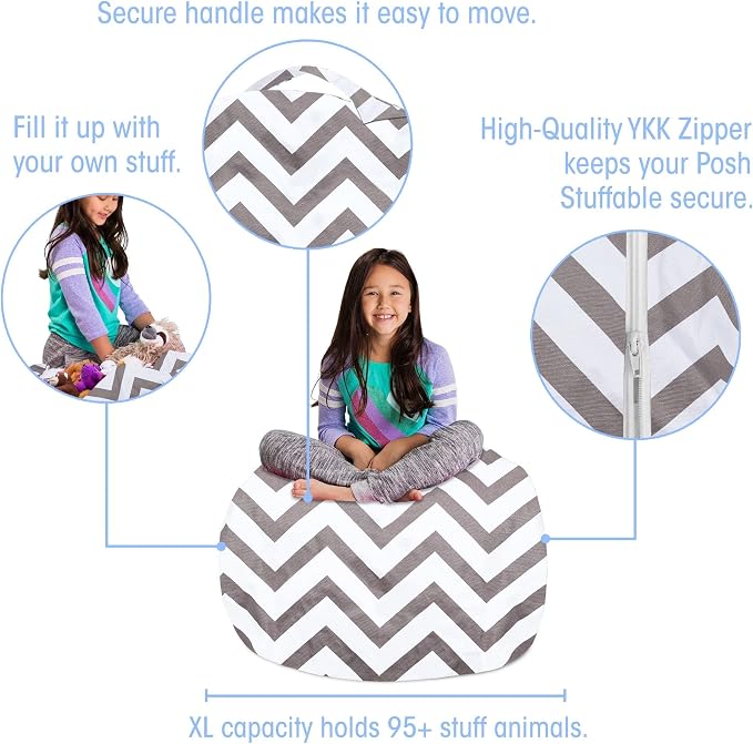 Posh Creations Kids Stuffed Animal Storage Bean Bag Chair Cover - Childrens Toy Organizer, Medium-27in, Canvas White Arrows on Gray - Image 3