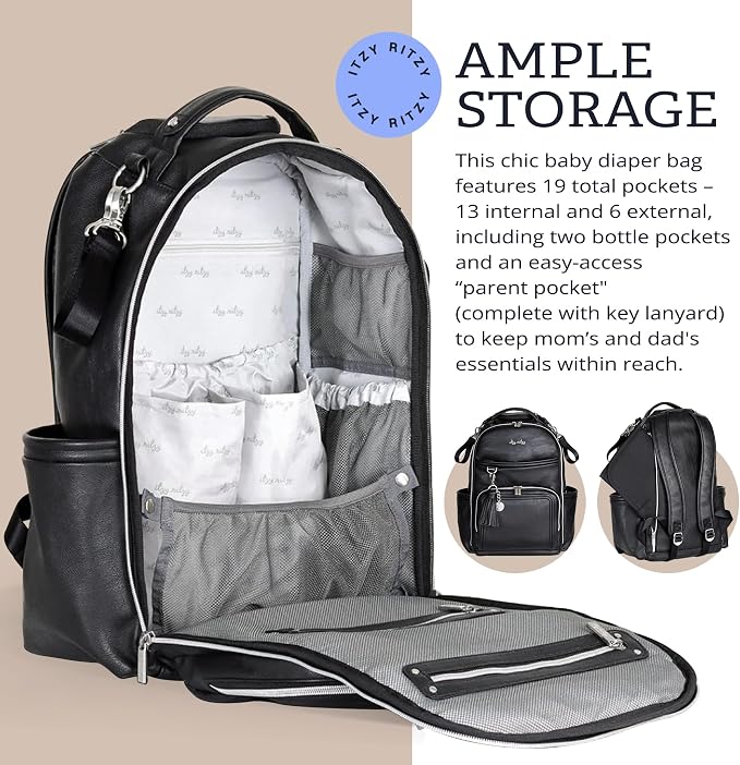 Itzy Ritzy Boss Plus Diaper Bag Backpack w/ 19 Pockets (Black with Silver) | Large Diaper Bag Backpack Includes 2 Insulated Bottle Pockets, Changing Pad, Stroller Clips, Padded Straps, Travel-Ready - Image 6