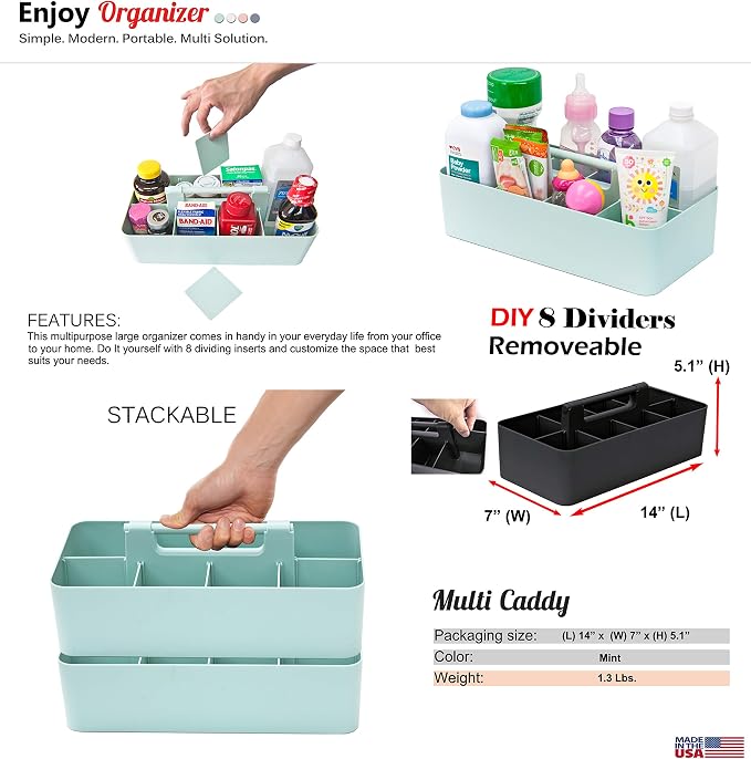 -Large Portable Caddy, DIY Dividers, 8 Compartments, School Office Supplies Home Business Organizer,Portable Basket with Handle Storage Organizer Modern Made in USA (4 PACK, Mint) - Image 2