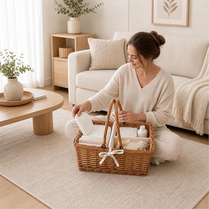 Wicker Diaper Caddy Organizer, Woven Rattan Diaper Caddy Basket with Removable Divider for Changing Table, Portable Car Organizer for Diapers Storage, Baby Shower Gifts - Image 5