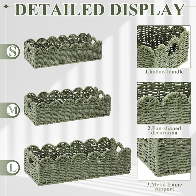 Boao 3 Pcs Boho Storage Wicker Baskets Handmade Woven Decorative Paper Rope Baskets for Organizing with Handle Countertop Toilet Paper Storage Container for Toilet Tank Top(Green,Fan-shaped) - Image 3