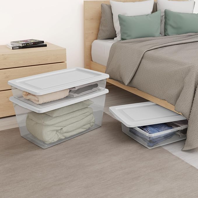 Sterilite 41 Qt Underbed Storage Box, Stackable Bin with Lid, Plastic Container to Organize Bedroom, Clear Base and White Lid, (Pack of 6) | Clear Plastic Containers with Secure Snapping White Lids for Home and Office Organization - Image 6