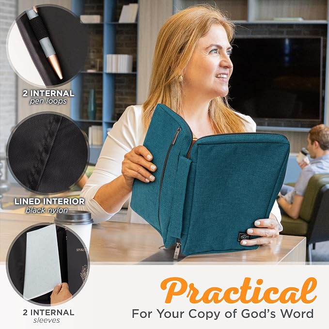 Christian Art Gifts Men & Women’s Bible Cover – Jesus Fish Symbol, Teal Canvas, Large Size – Durable Zipper Case with Handle, Pen Loop, Interior & Exterior Pockets, Easy-Clean Protective Bible Bag - Image 8