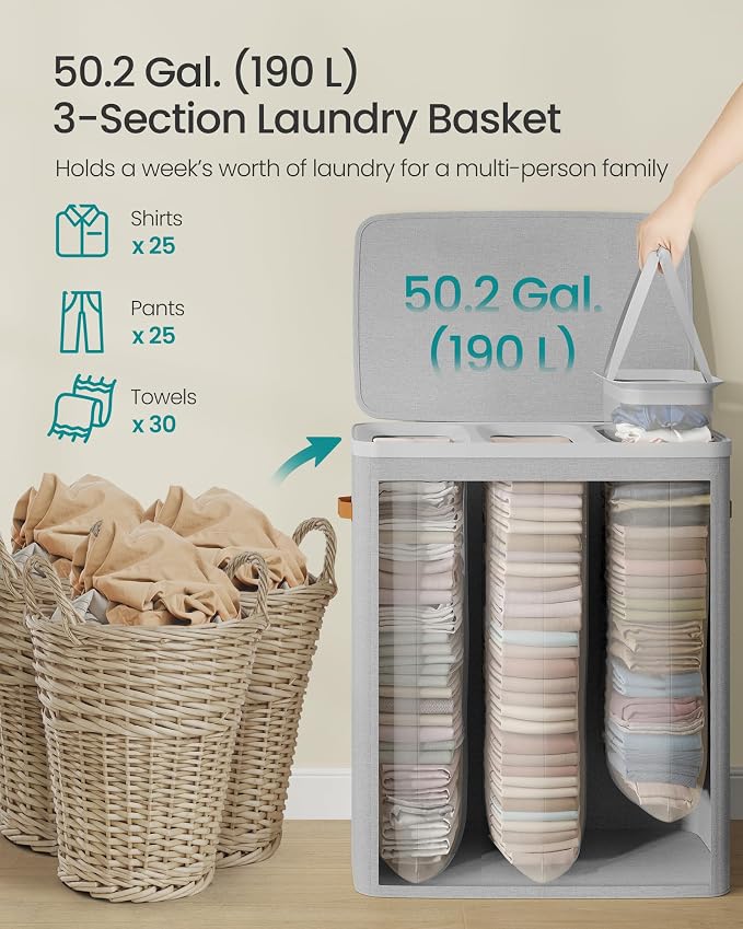 SONGMICS Laundry Basket, 50.2 Gal. Laundry Hamper, 3 Compartments, Easy Assembly, with Lid and Handles, Removable Liners, 25.2 x 15.7 x 29.5 Inches, Dove Gray ULCB814GD01 - Image 4