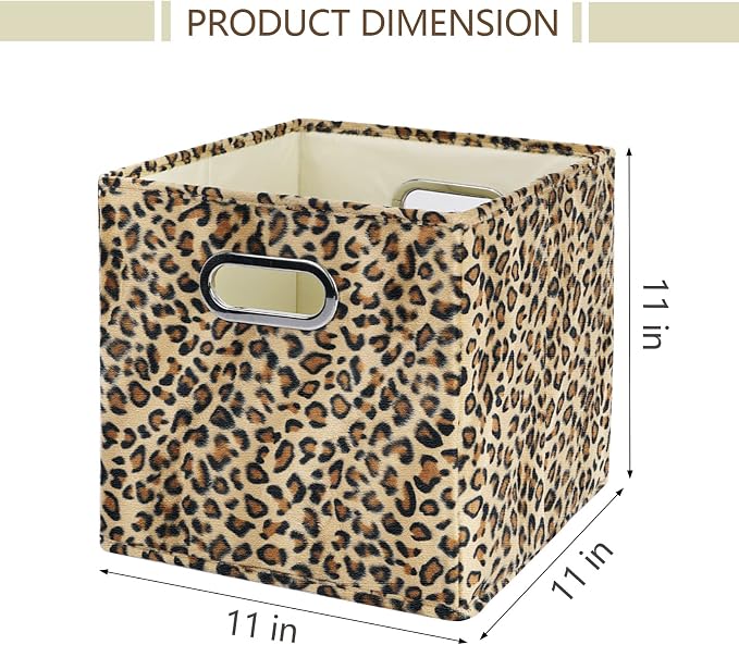 ANMINY Leopard Cheetah Print Storage Cubes Bins, Velvet, Brown, 11Inch 4PCS | Collapsible & Washable, PP Board Frame, Built-in Metal Handles, Animal Themed Fabric Cubes Baskets for Closet Shelves Decor - Image 4