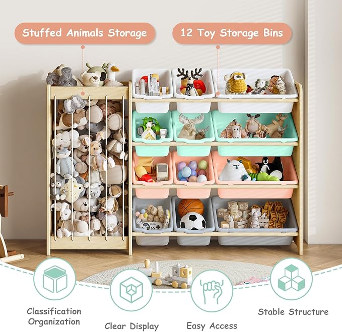 EXPERLAM Kids Toy Storage Organizer, 2-in-1 Stuffed Animal Storage & Toy Organizer w/12 Bins, Solid Wood Toy Rack Featuring Thicker Elastic Ropes to Hold Toys, Playroom Nursery Bedroom Storage, Multi - Image 4