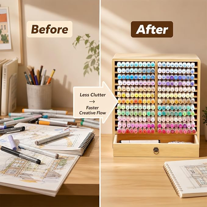 Marker Organizer, 24 Slots Wooden Storage for Up to 216 Markers with Drawer | Art Supply Alcohol Pen Storage Desktop Bamboo Marker Holder,Keeping Color Visible,Easy to Reach in Home Office and Classroom. - Image 4