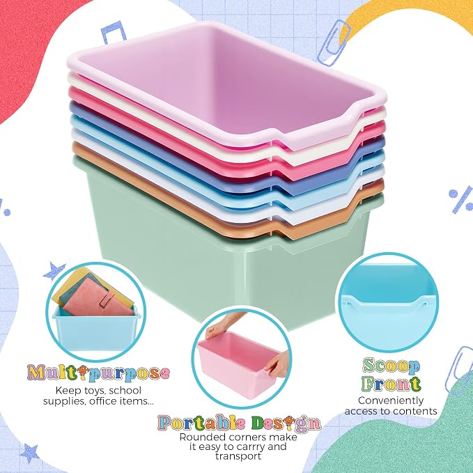 16 Pcs Cubby Bins for Classroom Plastic Book Bins,Pastel Color | Storage Bins for Classroom Library, Plastic Stackable Toy Tubs Containers for School Office Home Nursery Playroom - Image 3