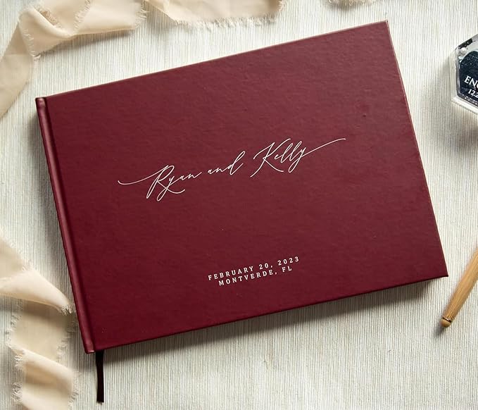 Personalized Guestbook in Wine - Premium Custom Modern Guest Book for Wedding Reception, Birthday Party or Events w/Bookmark Blank Pages for Signing 11.5 x 8.5 inches - Image 7