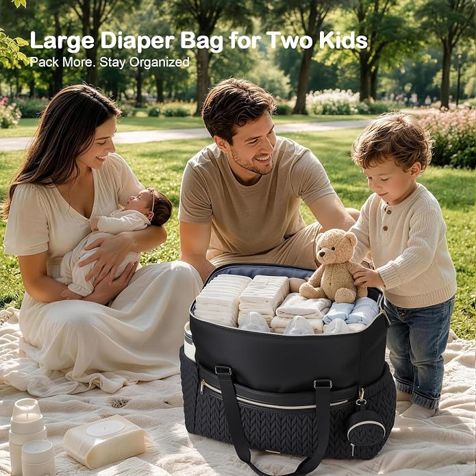 Lekesky Diaper Bag Tote, Large Diaper Bags Waterproof | Hospital Bag for Labor Delivery, Baby Bag with Pacifier Case, Travel Diaper Tote with Changing Pad, Black - Image 2