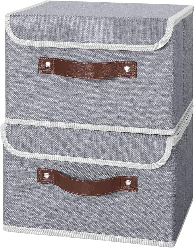 ANMINY Fabric Storage Box Bins with Lids, Gray, 10"x8"x7", 2 Pack | Keepsake Memory Storage, Cotton Linen, PP Board Reinforced, Washable, PU Handles, Foldable & Stackable, Decorative, Small - Image 2
