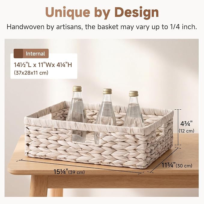 StorageWorks Large Wicker Storage Baskets for Shelves, White Baskets,1-Pack | Water Hyacinth Wicker Baskets for Storage, Pantry Organizers and Storage,Decorative Baskets, Pantry Baskets,15¼" x 11¾" x 4¾" - Image 3