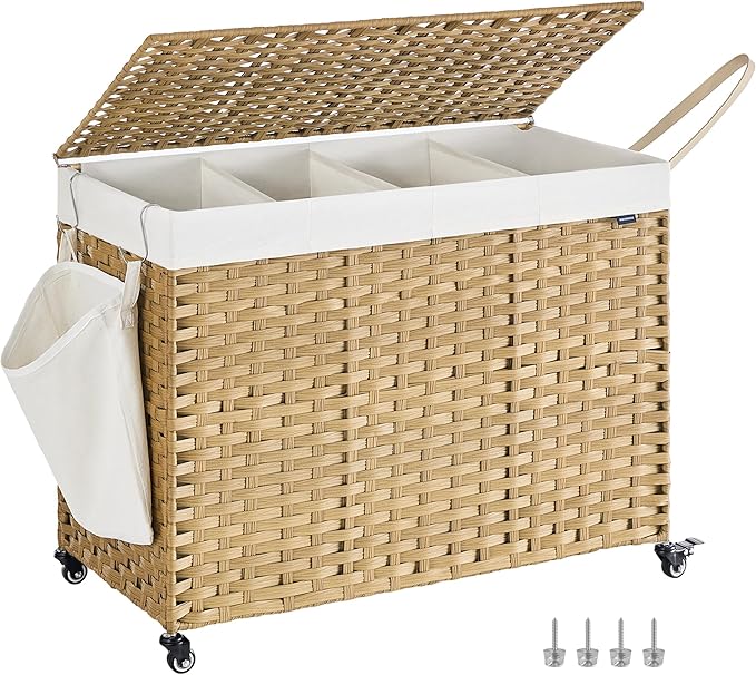 SONGMICS Laundry Hamper with Lid, 55.4 Gallons (210 L), Rolling Laundry Basket with Wheels, 4-Section Synthetic Rattan, Removable Liner, Bedroom, 33.9 x 15.7 x 26 Inches, Natural Color ULCB460Y01 by Unknown
