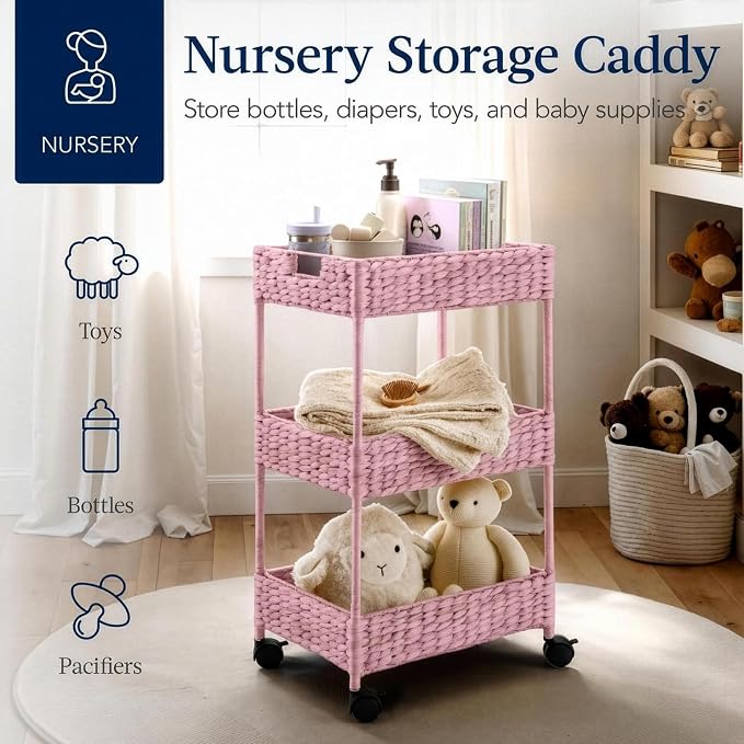 Best Choice Products 3-Tier Water Hyacinth Rolling Nursery Caddy w/Wheels, Utility Cart, Storage Organization for Bathroom, Craft Room, Laundry Room - Pink - Image 4