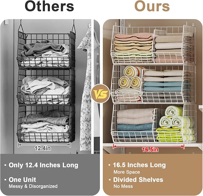 3 Tier Extra Large Closet Hanging Shelves with Divider, 16.5"L x 11.8"W x 33.6"H Closets Organizers and Storage with 5 S Hooks, Clothes Organizer for Sweaters Shoes Handbags Clutches Accessories-White - Image 5