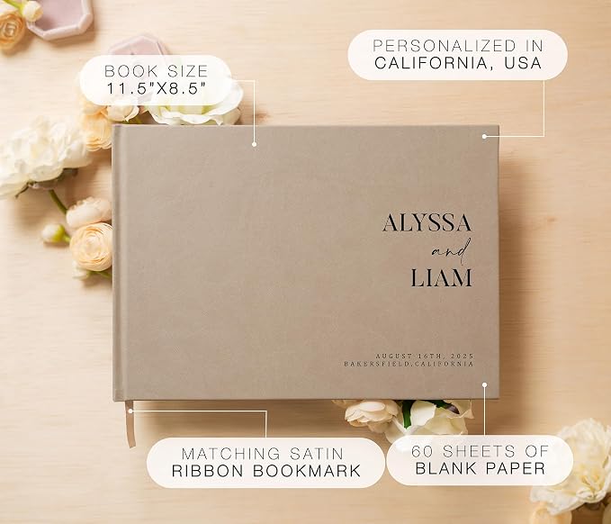 Personalized Guest Book - 11.5" x 8.5" Premium Custom Guest Signing Book with Bookmark and Blank Pages for Wedding Reception Table Decoration Engagement Birthday Party Event, Taupe - Image 2
