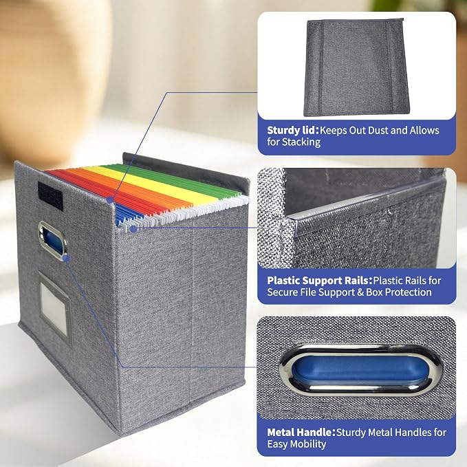 2 Pack Hanging File Folder Box with Lid, Durable Letter Size Filing Storage Box, Sturdy File Holder with Cardboard Support PVC Rails for Office Home Organizer, Gray - Image 4