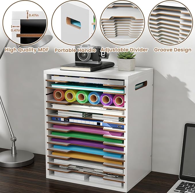 8.5x11 Scrapbook Paper Organizer Wood, 15 Tier Desk File Organizer with Handle, 9x12 Construction Paper Storage Holder Letter Tray Mail Sorter for Craft Room Home Office Classroom, White - Image 4