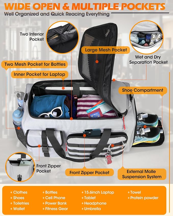 RAINSMORE Gym Bag for Men, 45L Sports Travel Duffel Bag with Shoe & Laptop Compartment, Gym Workout Backpack Carry On Weekender Bag Overnight Backpack for Travel, Grey - Image 4