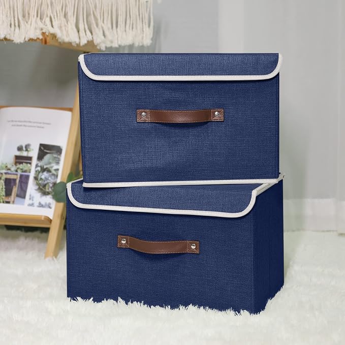 ANMINY Fabric Storage Box Bins with Lids, Blue, 13"x9"x7.9", 4 Pack | Keepsake Memory Storage, Cotton Linen, PP Board Reinforced, Washable, PU Handles, Foldable & Stackable, Decorative, Medium - Image 2