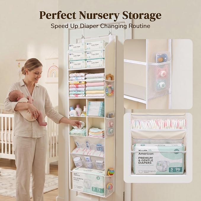 6-in-1 Over Door Hanging Organizer with 12 Mesh Pockets, 44 lbs Capacity, Warm Beige – Versatile Behind Door Storage for Baby Nursery, Newborn Essentials, Bedroom, Bathroom & Dorm - Image 4