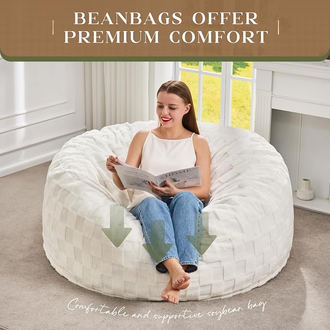 Hobestluk Adults Bean Bag Chair 4FT Big BeanBag Chair Extra Large Oversized | Memory Foam,Washable Cover,Unique Fluffy Plaid,Comfy Big Bean Bag with Filler Lounging Gaming Bedroom Living Room | White 4FT - Image 6