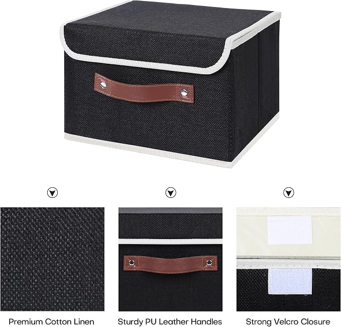 ANMINY Fabric Storage Box Bins with Lids, Black, 10"x8"x7", 2 Pack | Keepsake Memory Storage, Cotton Linen, PP Board Reinforced, Washable, PU Handles, Foldable & Stackable, Decorative, Small - Image 3