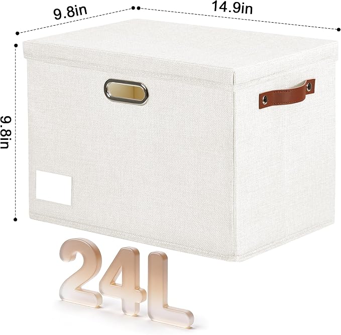 Roobyl 15" Fabric Storage Box with Lids, 3-Pack, White | Stackable, Foldable, 2 PU Handles and 2 Metal Handles, Decorative Fabric, For Home, Bedroom, Closet, Office, Nursery - Image 2