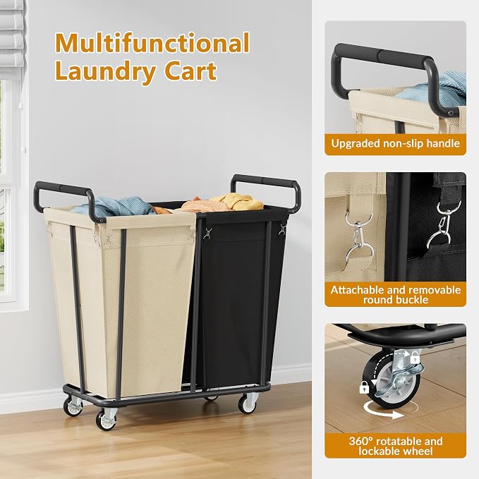 Gewudraw 2 Section Heavy Duty Laundry Basket with Wheels, 360L | Big Rolling Laundry Basket Sorter Cart, Extra Large Clothes Hamper, Laundry Basket Organizer for Laundry Room, Bathroom - Image 6