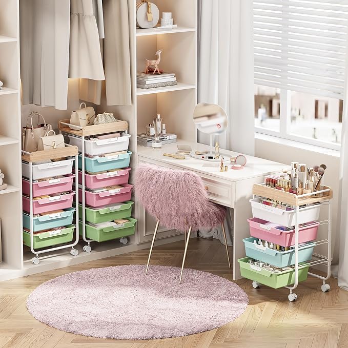 SYKIARIOL Rolling Storage Utility Cart with 5 Drawers,Colorful | Craft Cart with Wheels,Makeup Organizer,Art Supply And Storage Wooden Tabletop - Image 6