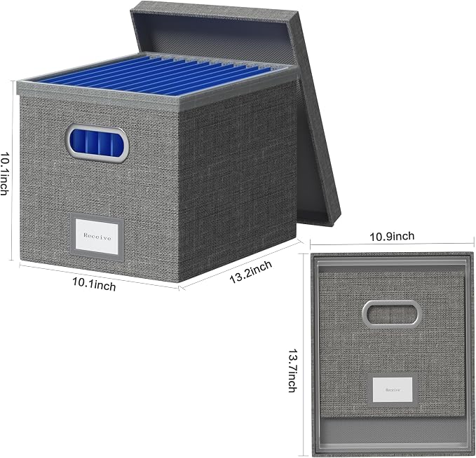 File Organizer Box - File Boxes for Hanging Files with Lid Set of 3 Decorative Hanging Folders Organizer with One-Piece Plastic Frame Slides (Grey, 13.2 * 10.1 * 10.1in(3Pack)) - Image 6