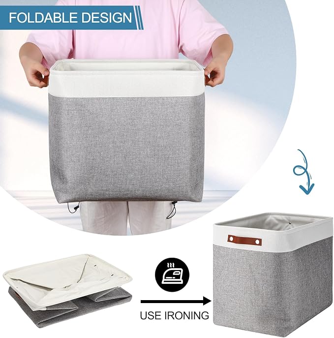 Uiifan 10 Pcs Collapsible Storage Bins Fabric Foldable Storage Basket with Handles Cloth Organizer Linen Shelf Baskets for Shelves Home Closet Nursery Toys(17 x 15 x 12 Inch,Gray and White) - Image 5