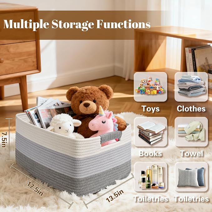 4 Pack Large Storage Basket for Organizing, 17.5"x13"x7" Woven Basket for Shelves, Closet Cube Storage Bins with Wrapped Handle, Cotton Rope Baskets for Kitchen, Clothes, Toys(Gradient Grey) - Image 2