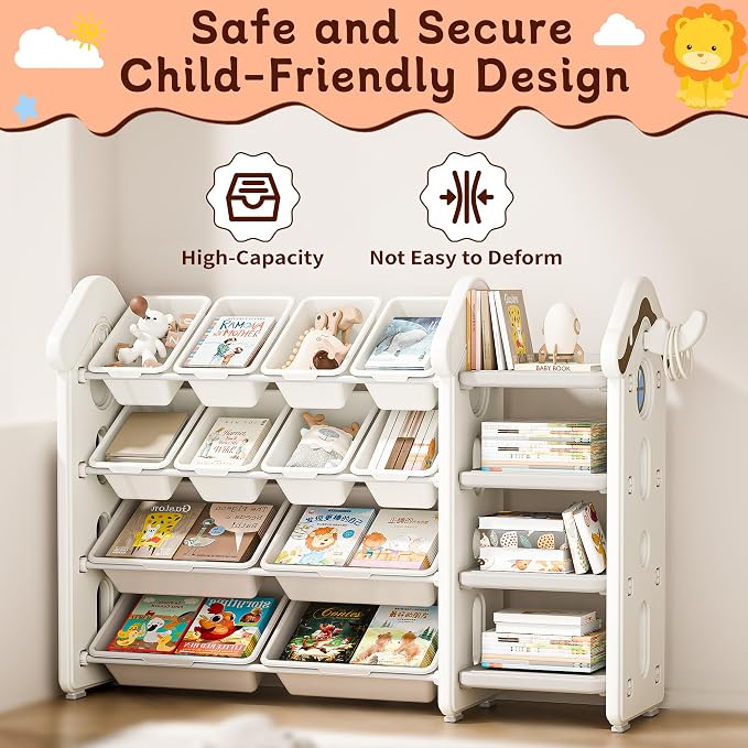 Pipleo Kids Toy Storage Organizer with 12 Removable Bins, Toy Organizers and Storage with 4-Tier Bookshelf for Kids Toy Storage Organizer (Beige) - Image 3