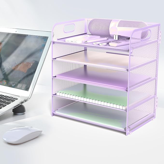 Letter Tray Paper Organizer 5-Tier Desk Organizer File Organizer Paper Holder with Handle, Metal Desktop Document Shelf Tray Office Classroom Organization - Purple - Image 6