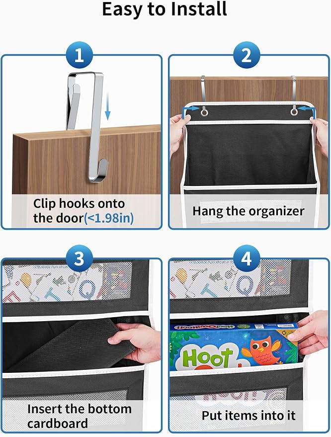 JARLINK Over the Door Organizer for Bedroom, Pantry Bathroom, 5 Shelf Black | Anti-Tilt Design, 44 lb Load Capacity, Hanging Door Organizer with 5 Large Capacity Pockets, Behind Door Storage for Nursery - Image 7