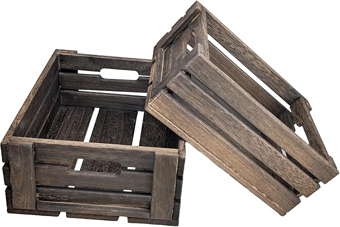 ARTAWEIN Set of 2 Rustic Wooden Crates for Display & Storage - Nesting Farmhouse Wood Boxes with Handles - Decorative Stackable Storage Baskets for Home Decor, Pantry, Kitchen, Bathroom - Carbonized by ARTAWEIN