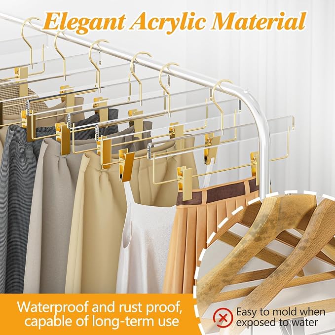 10 Pack Clear Gold Acrylic Pants Hangers with Adjustable Clips | Non-Slip & Heavy Duty Hangers for Pants, Skirts, Jeans, Trousers, Scarves, Adults & Kids, Clothing Closet Storage Organizer - Image 7
