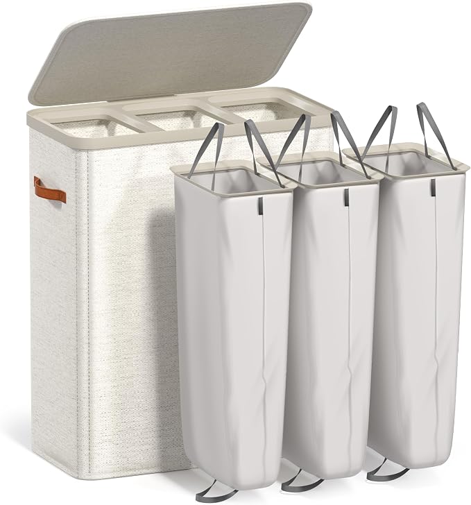 Sorbus Laundry Hamper with Lid - Collapsible 3-Compartment Fabric Laundry Basket with Handles and Removable Laundry Bag – 50 Gallon (190 L) Dirty Clothes Hamper for Bedroom, bathroom and dorm (Beige) - Image 7