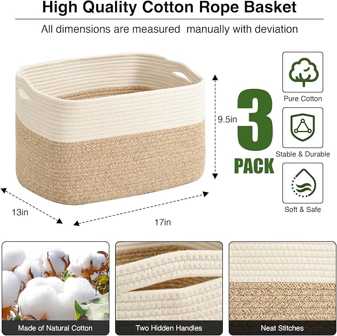 ICERZCZ Large Storage Baskets for Organizing Shelves, Woven Cotton Rope Bins for Baby Nursery Organization, Book Toy Towel Organizer, 17"x13"x9.5", 3 Packs, Off White & Brown - Image 3