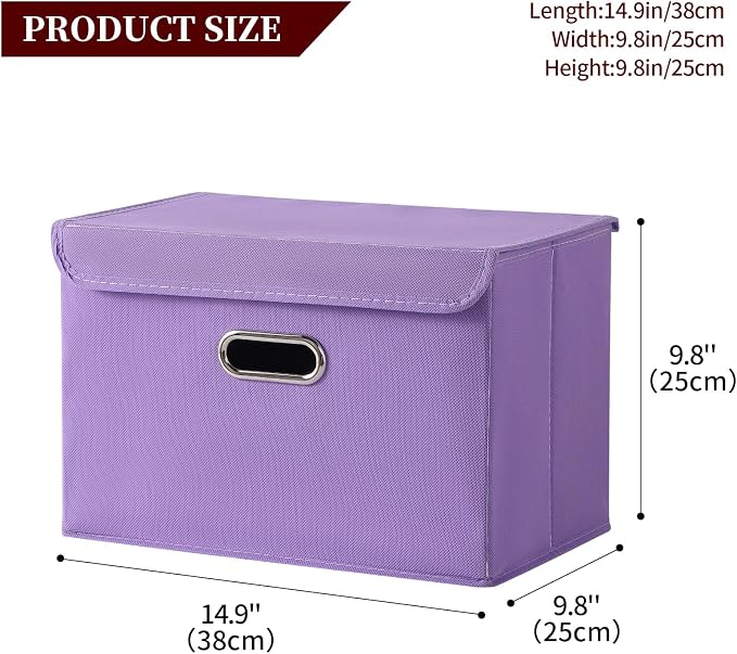 STOREONE Fabric Storage Cube Bins Foldable Organizer Container Collapsible Basket with Lids and Metal Handles, for Home, Bedroom, Closet 3 Pcs (multicolour-purple) - Image 2