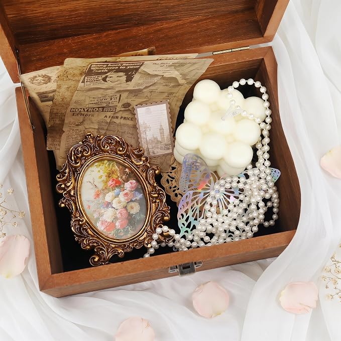 Wooden Keepsake Storage Box with Hinged Lid for Wedding Treasure Decorative | 8x6x4.4 Inches can Hold 5x7 Pictures Baby Keepsakes, Stash Case with Black Velvet Base, Small Memory Case Wooden - Image 2