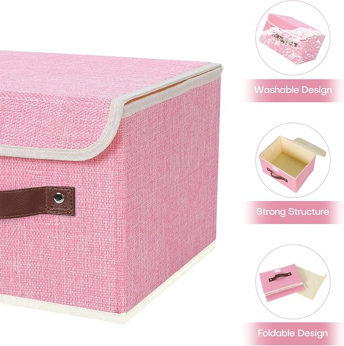 ANMINY Fabric Storage Box Bins with Lids, Pink, 10"x8"x7", 2 Pack | Keepsake Memory Storage, Cotton Linen, PP Board Reinforced, Washable, PU Handles, Foldable & Stackable, Decorative, Small - Image 4