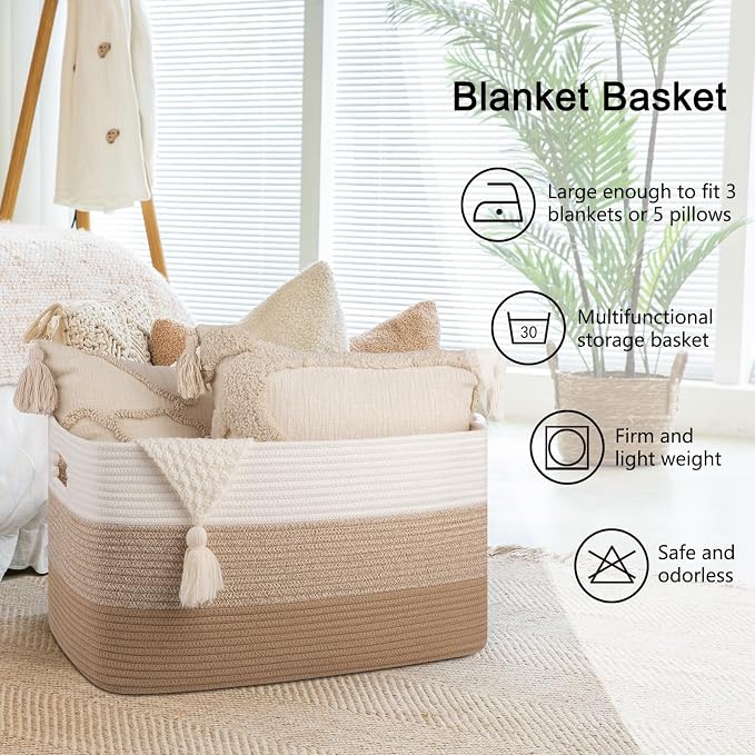 OIAHOMY Blanket Basket Laundry Basket Dog Toy Basket 75L Light Yellow | Large Storage Basket,Baby Basket,Toy Storage,Woven Rope Basket for Blankets,Blanket Storage for Living Room - Image 6