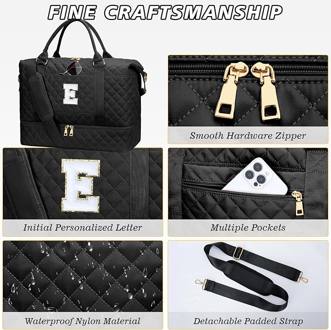 Birthday Presents for Daughter Initial Cheer Bags(Black,E) | Gifts for Women-Overnight Bags with Toiletry Bag-Weekender Bags with Shoe Compartment for Travel - Image 7
