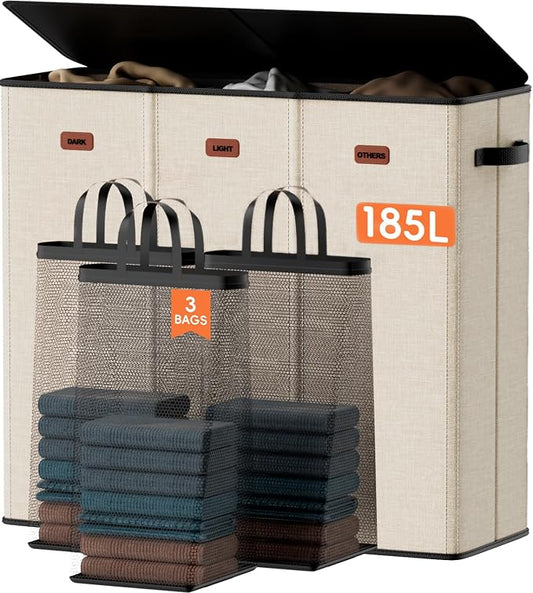 185L Laundry Hamper 3 Section, Laundry Hamper with Lid, Dirty Clothes Hamper with 3 Removable Washing Bags, Extra Large Laundry Basket Organizer for Bedroom, Laundry Room, Dorm - Beige by Vexalora