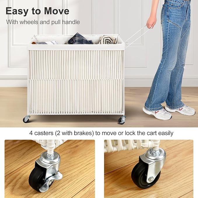WOWLIVE Laundry Basket 3 Section, Handwoven Laundry Hamper with Wheels | Rolling Clothes Hamper with Lid and Divided Removable Bag, 160L Large Laundry Sorter, Laundry Room Organization, Creamy White - Image 6