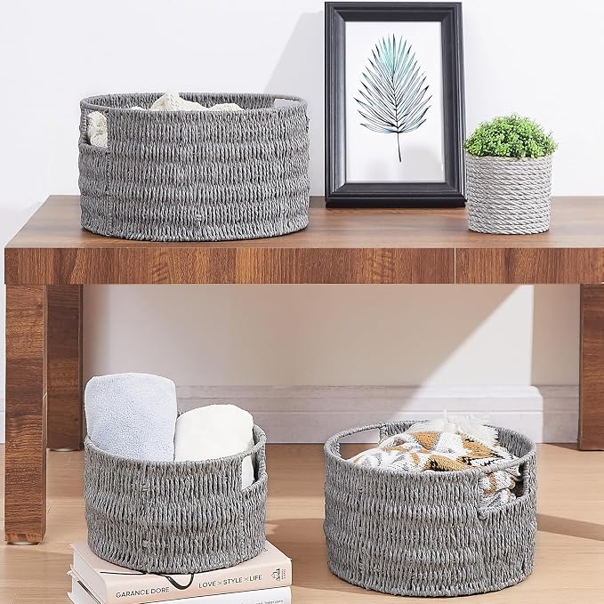 Wicker Storage Basket, Hand-Woven Paper Rope Large Round Woven Basket With Handles, Wicker Baskets for Organizing/Storage, Grey, 3-Pack - Image 8