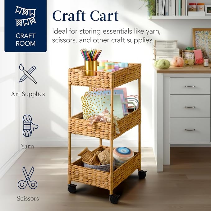 Best Choice Products 3-Tier Water Hyacinth Rolling Nursery Caddy w/Wheels, Utility Cart, Storage Organization for Bathroom, Craft Room, Laundry Room - Natural - Image 7