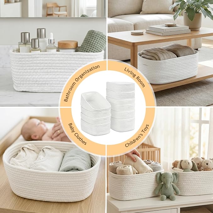 10 Pack Small Woven Baskets for Organizing, 12"x8"x5" White Cotton Rope Storage Bins with Handle, Empty Gift Basket Kit for Baby Shower, Nursery, Shelf, Bathroom & Closet Organizing - Image 8